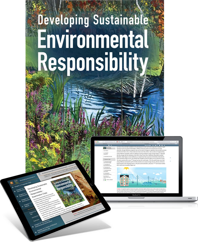 Trubook cover of Developing Sustainable Environmental Responsibility plus sample pages of textbook on laptop and ipad