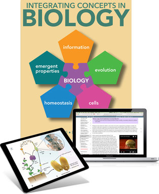 Trubook cover of Integrating Concepts in Biology plus sample pages of textbook on laptop and ipad
